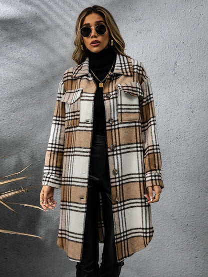 Plaid Collared Neck Long Sleeve Coat