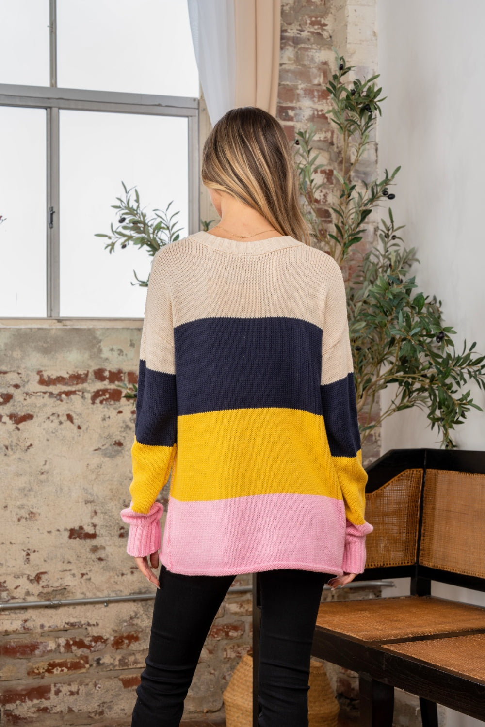 Full Size Color Block Exposed Seam Sweater