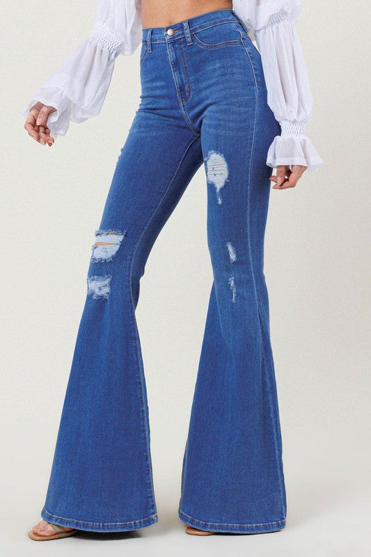 High-Rise Distressed Flare Jeans