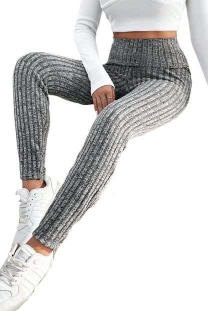 Gray Wide Waistband Ribbed Textured Knit Leggings