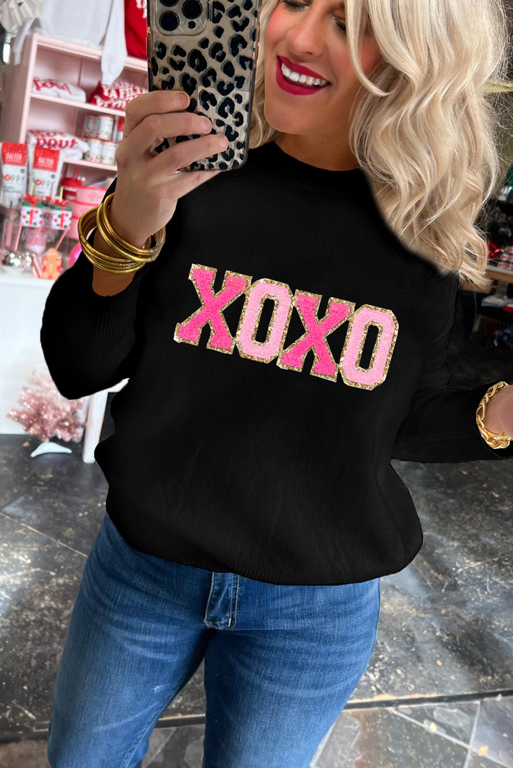 Black XOXO Glitter Print Round Neck Casual Sweater