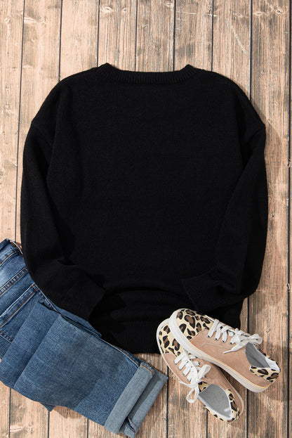 Black XOXO Glitter Print Round Neck Casual Sweater