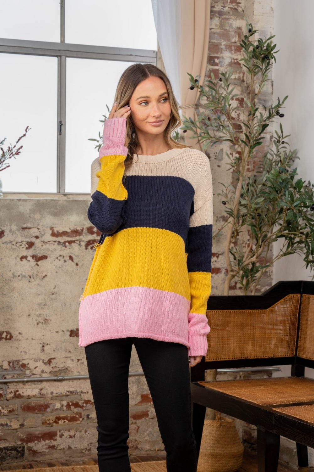 Full Size Color Block Exposed Seam Sweater