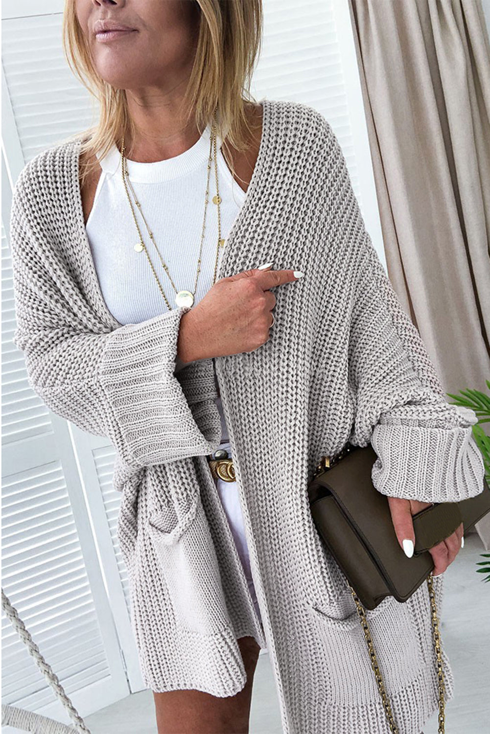 Gray Oversized Fold Over Sleeve Sweater Cardigan