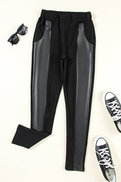 Black Leather Panel Patchwork High Waist Leggings