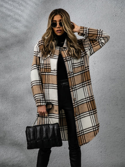 Plaid Collared Neck Long Sleeve Coat