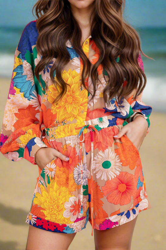 Printed Button Up Long Sleeve Top and Shorts Set