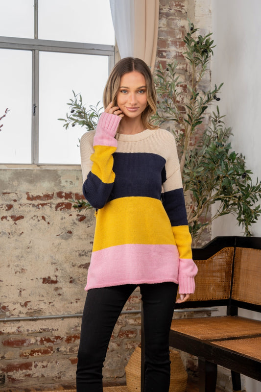 Full Size Color Block Exposed Seam Sweater