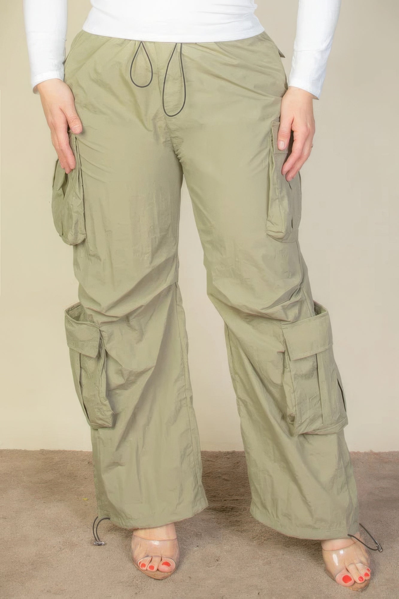 Drawstring Waist Parachute Plus Pants with Flap Pockets