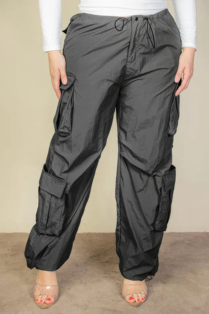 Drawstring Waist Parachute Plus Pants with Flap Pockets