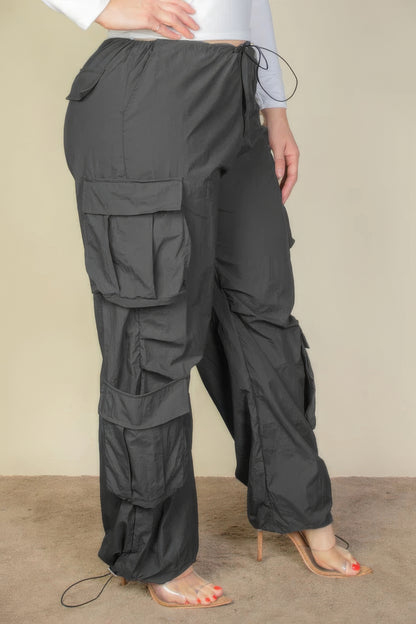 Drawstring Waist Parachute Plus Pants with Flap Pockets