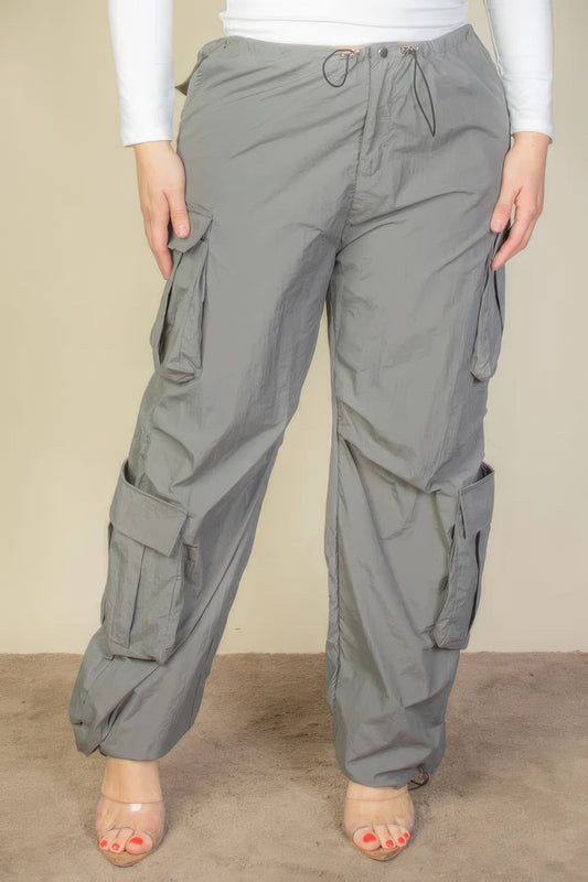 Drawstring Waist Parachute Plus Pants with Flap Pockets