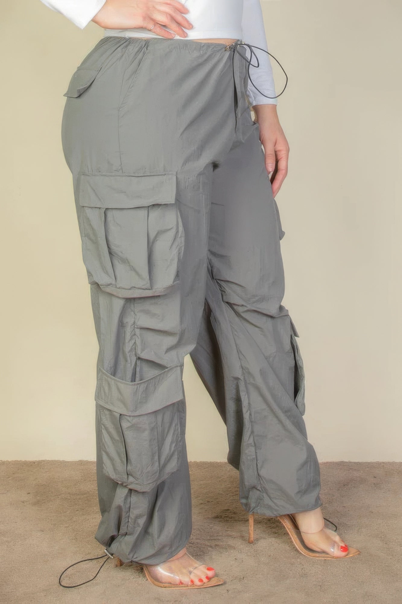 Drawstring Waist Parachute Plus Pants with Flap Pockets