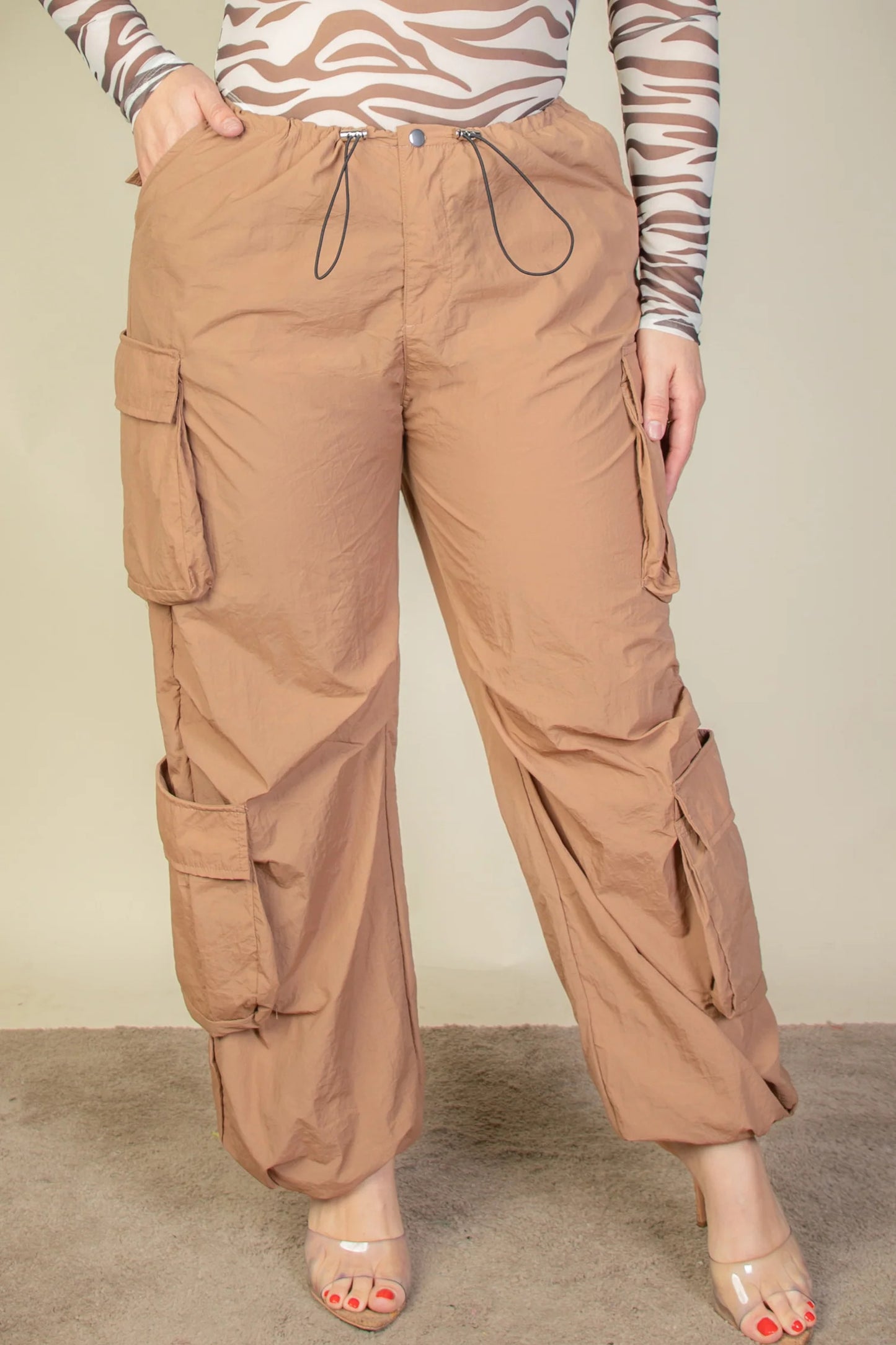 Drawstring Waist Parachute Plus Pants with Flap Pockets