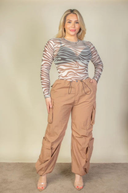 Drawstring Waist Parachute Plus Pants with Flap Pockets