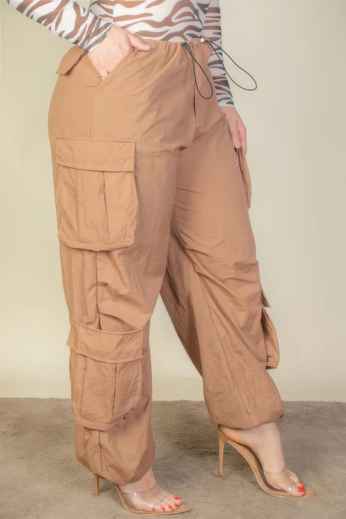 Drawstring Waist Parachute Plus Pants with Flap Pockets