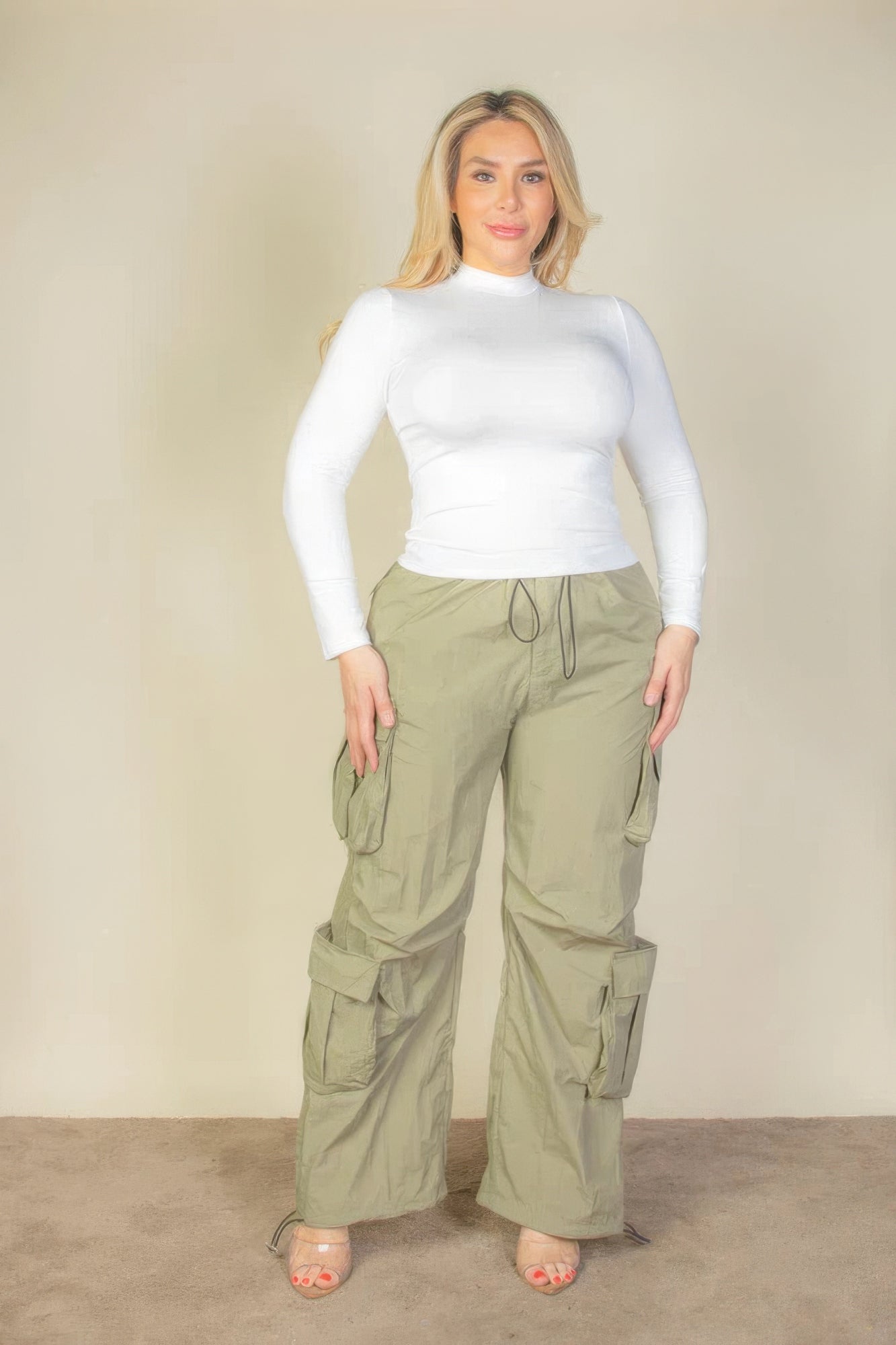 Drawstring Waist Parachute Plus Pants with Flap Pockets