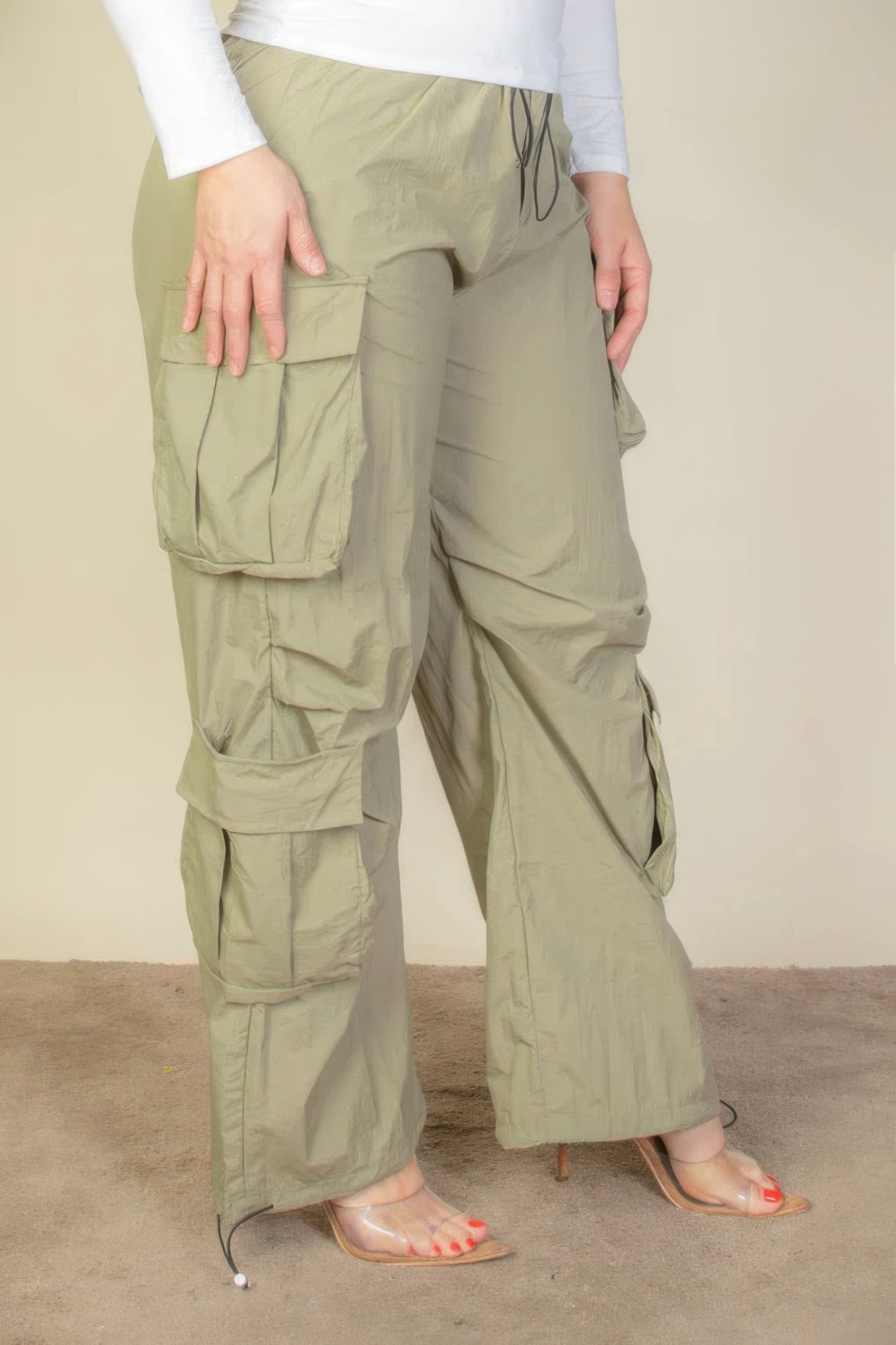 Drawstring Waist Parachute Plus Pants with Flap Pockets