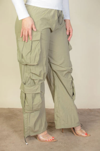 Drawstring Waist Parachute Plus Pants with Flap Pockets