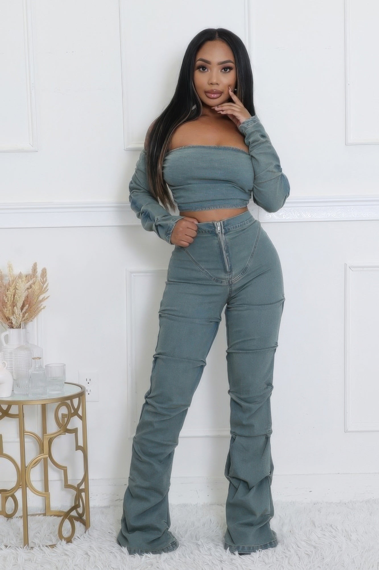 Denim Stretch Pant Set