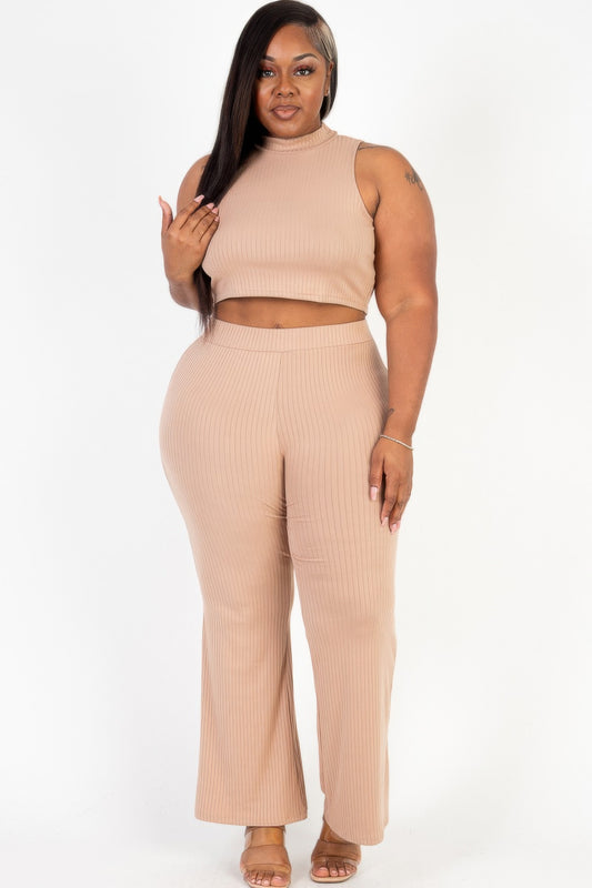 Plus Mock Neck Crop Tank Top& Bootcut Pants Set