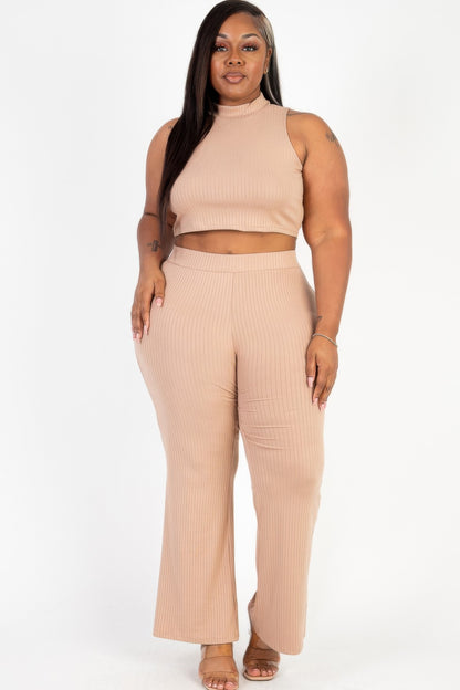 Plus Mock Neck Crop Tank Top& Bootcut Pants Set