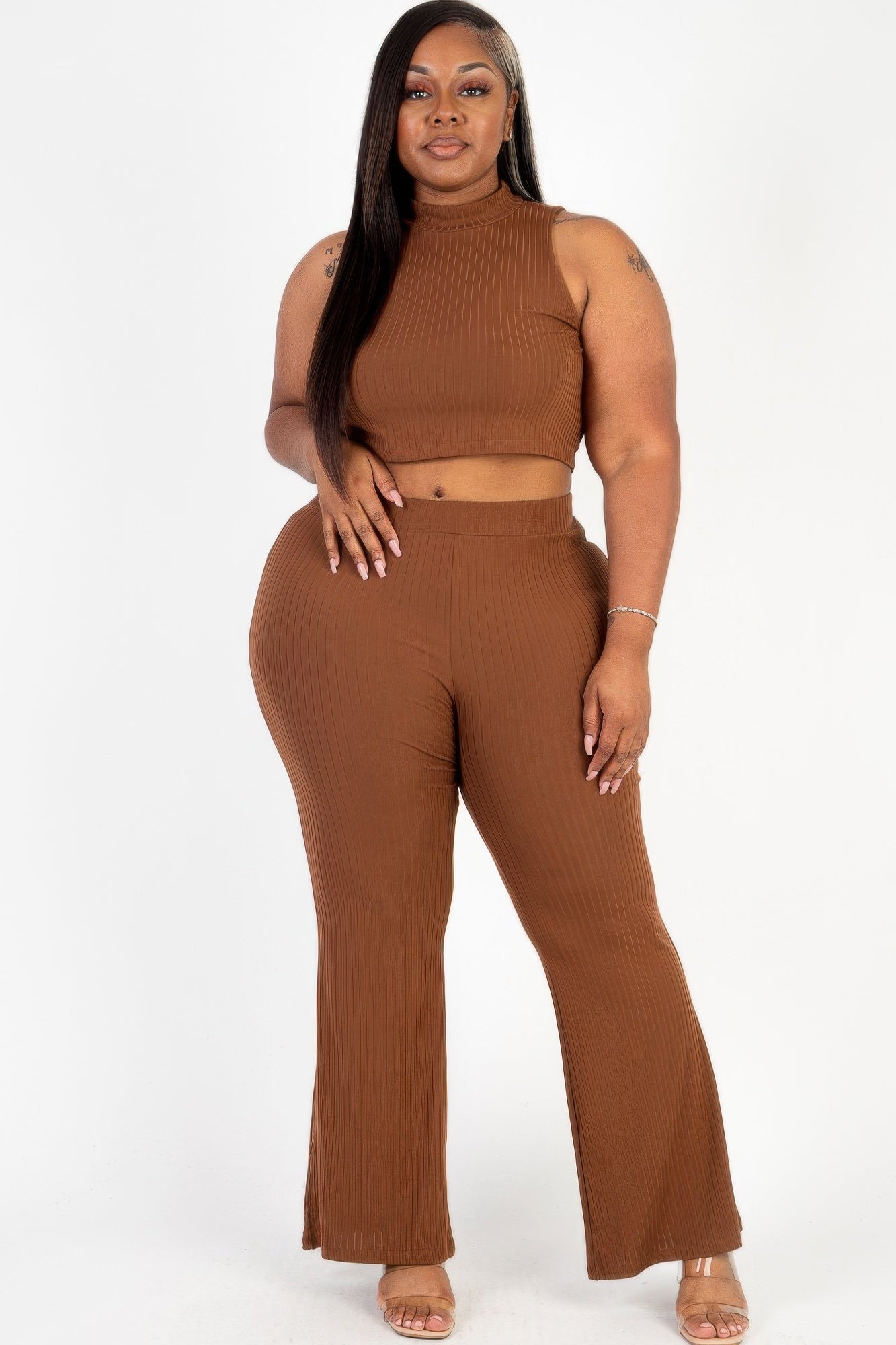 Plus Mock Neck Crop Tank Top& Bootcut Pants Set