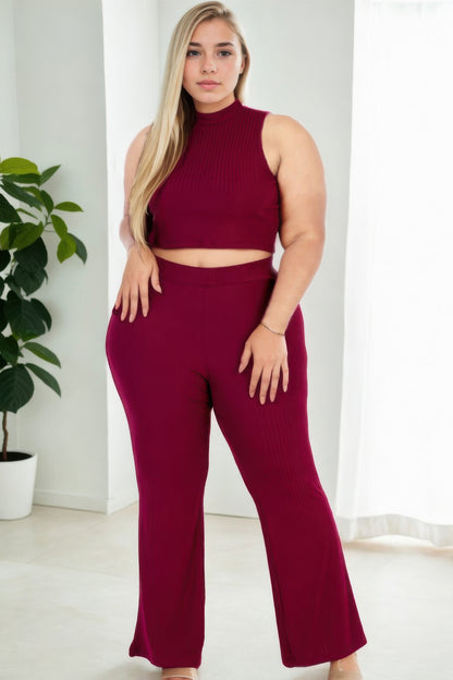 Plus Mock Neck Crop Tank Top& Bootcut Pants Set