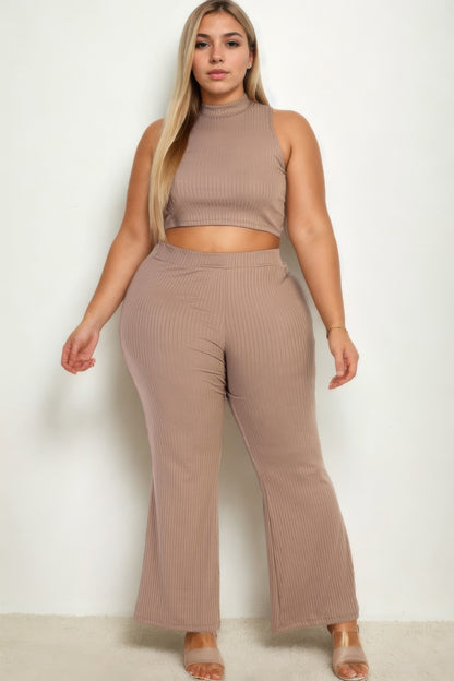 Plus Mock Neck Crop Tank Top& Bootcut Pants Set