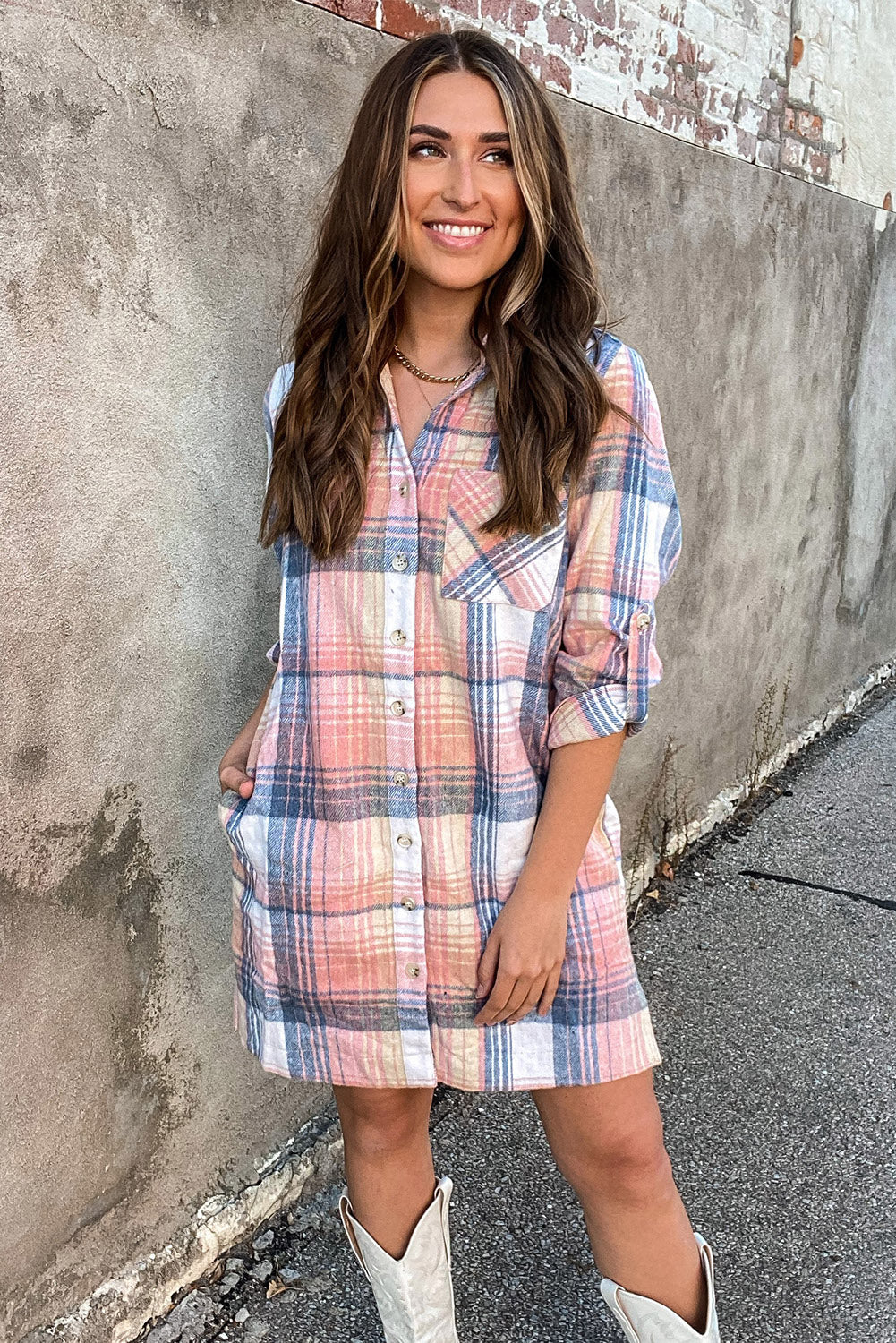 Pink Plaid Roll-tab Sleeve Side Slit Shirt Dress