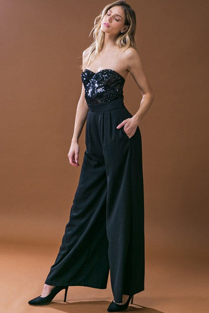 Black Sequin Tube Top Wide Leg Jumpsuit