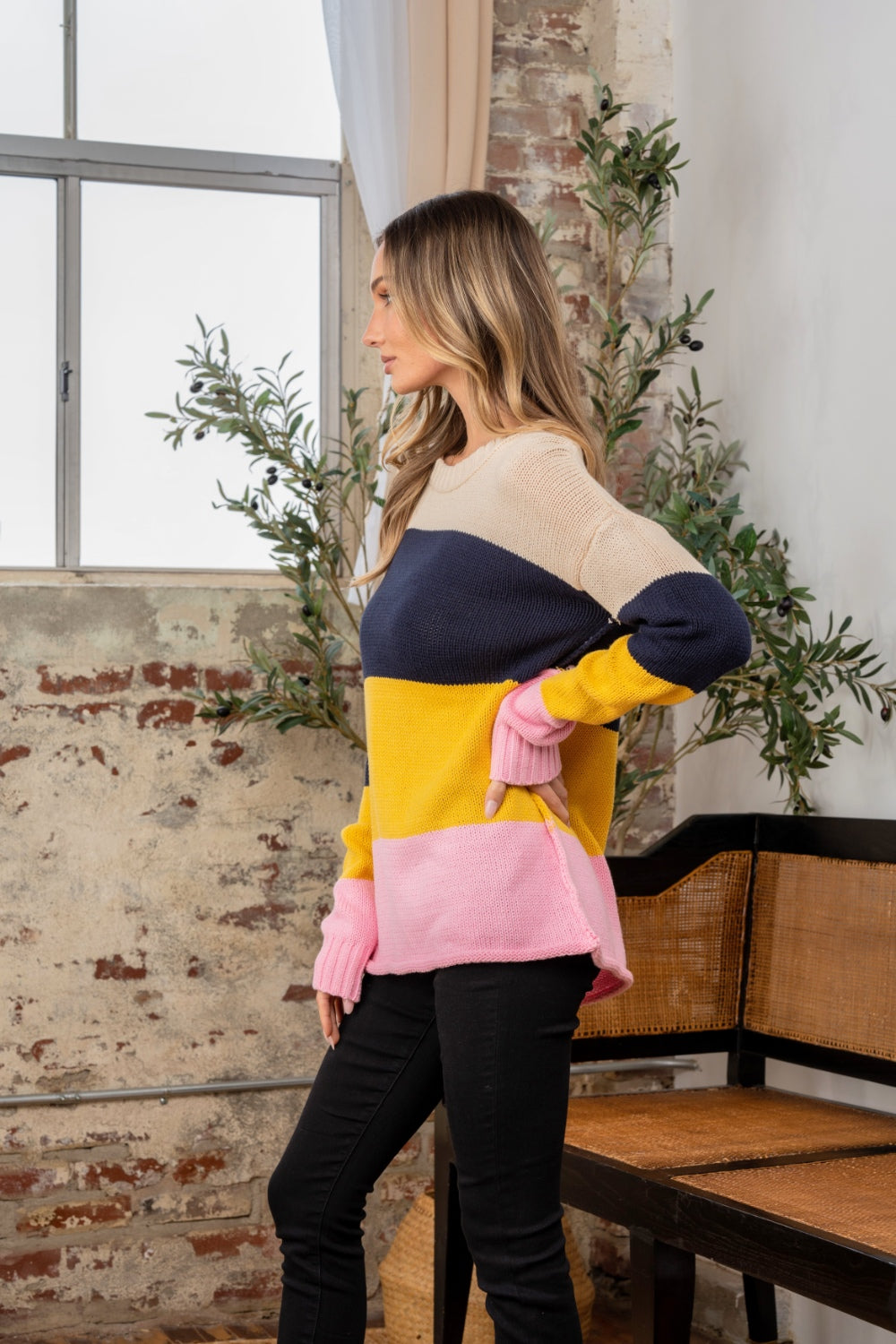 Full Size Color Block Exposed Seam Sweater