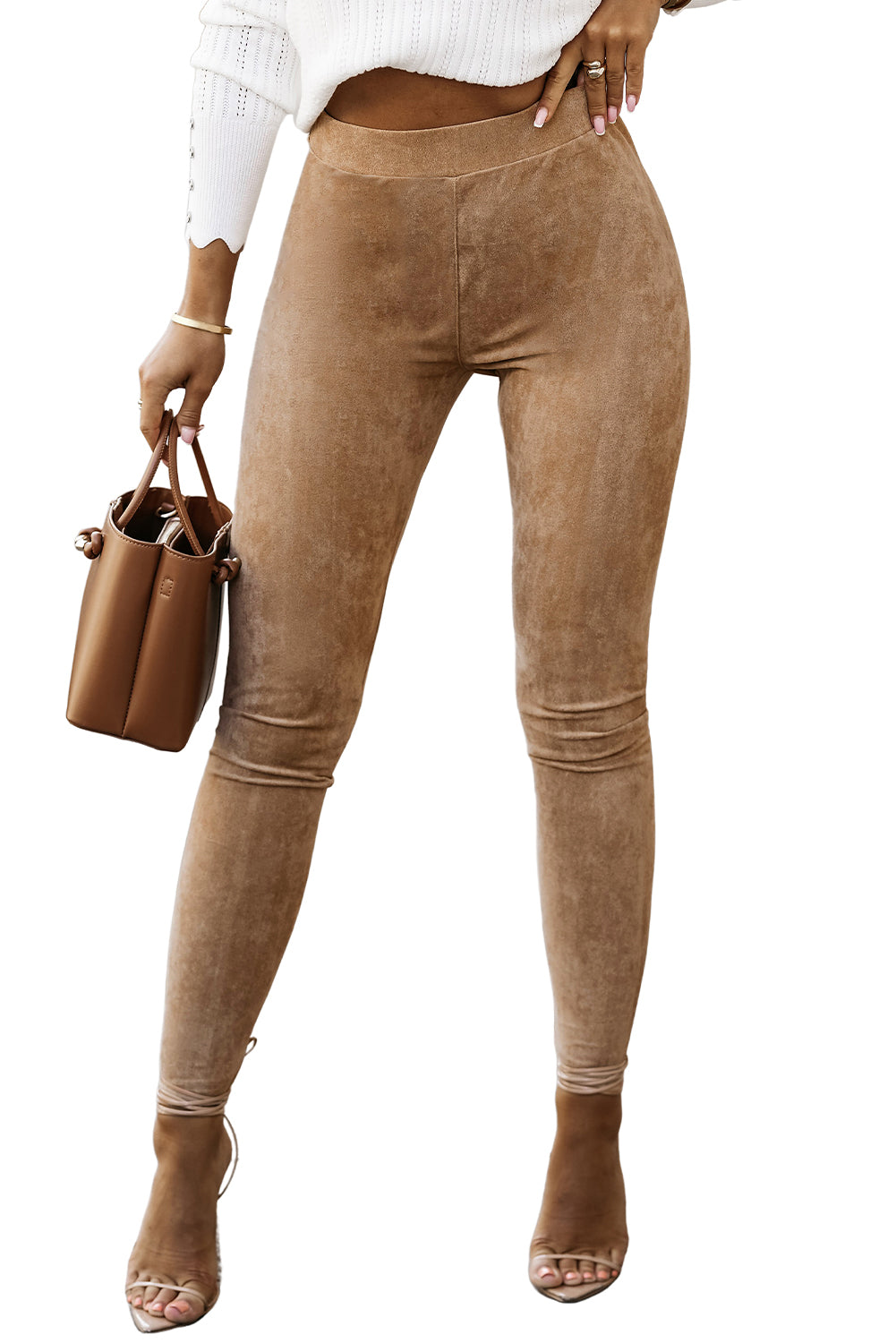 Khaki High Waist Faux Suede Skinny Leggings