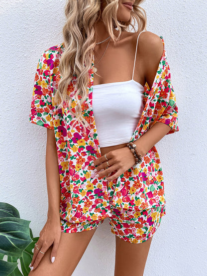 Ditsy Floral Print Open Front Shirt Shorts