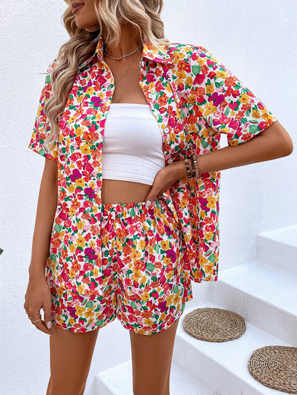 Ditsy Floral Print Open Front Shirt Shorts