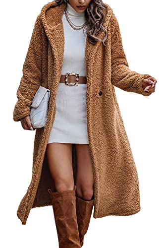 Winter Coats Fuzzy Fleece Long Hooded Jackets Button Down Faux Fur Warm Outwear with Pockets