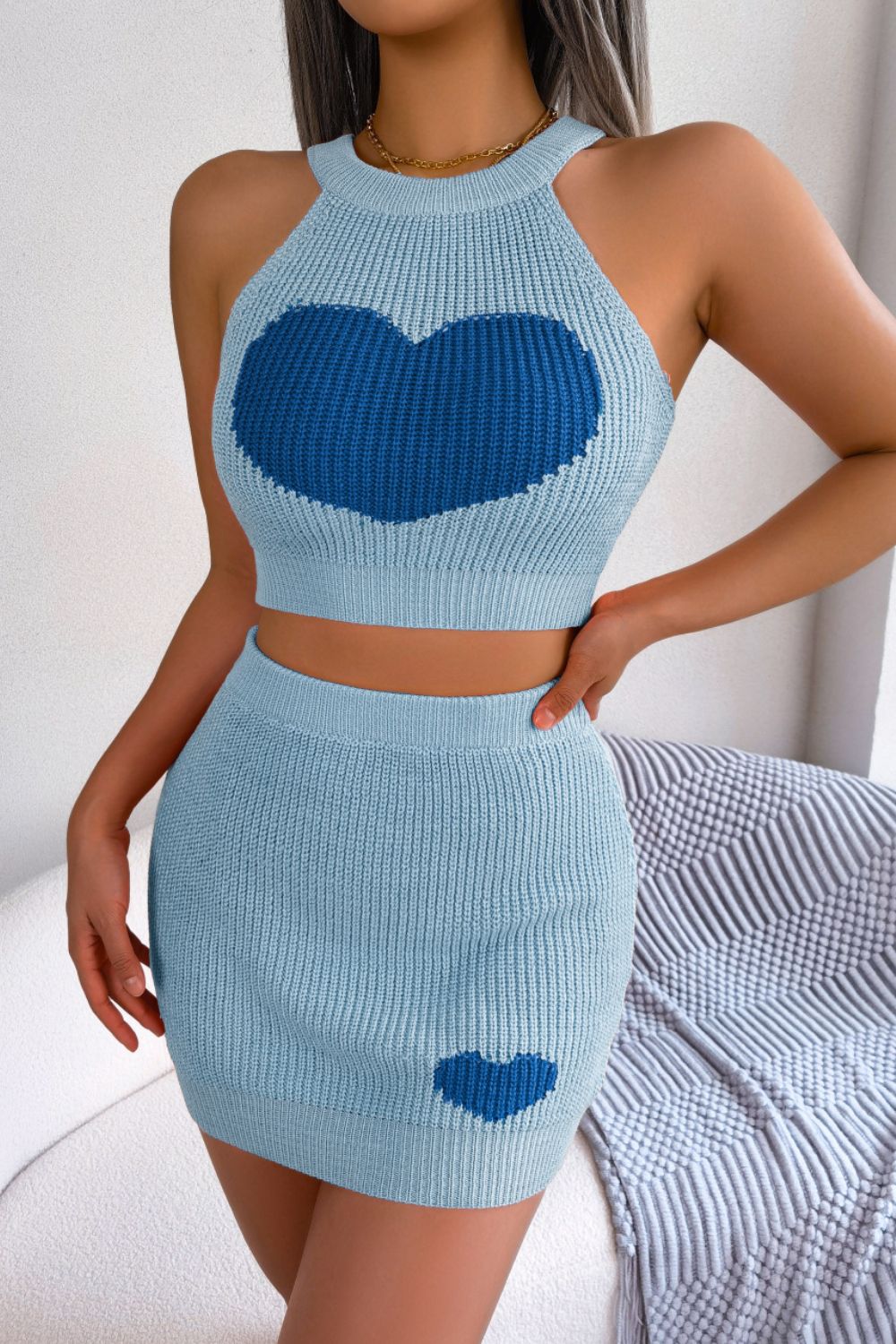 Heart Contrast Ribbed Sleeveless Knit Top and Skirt Set