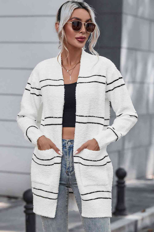 Striped Open Front Cardigan with Pockets