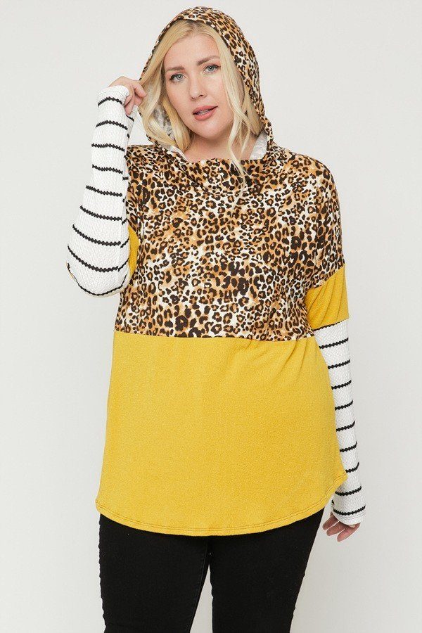 Plus Size Color Block Cheetah Print Hoodie Top - Jus Fancee Boutique