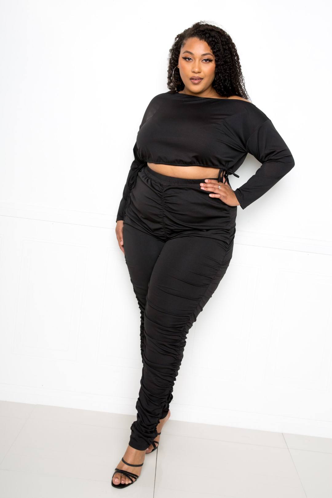 Curvy Ruched Leggings and Off Shoulder Crop Top - Jus Fancee Boutique
