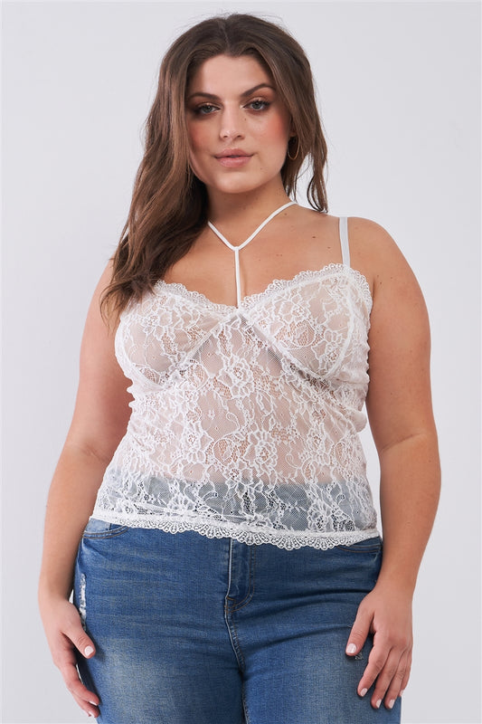 Plus Size Sleeveless Sheer Lace Halter Neck Detail Bustier Top - Jus Fancee Boutique