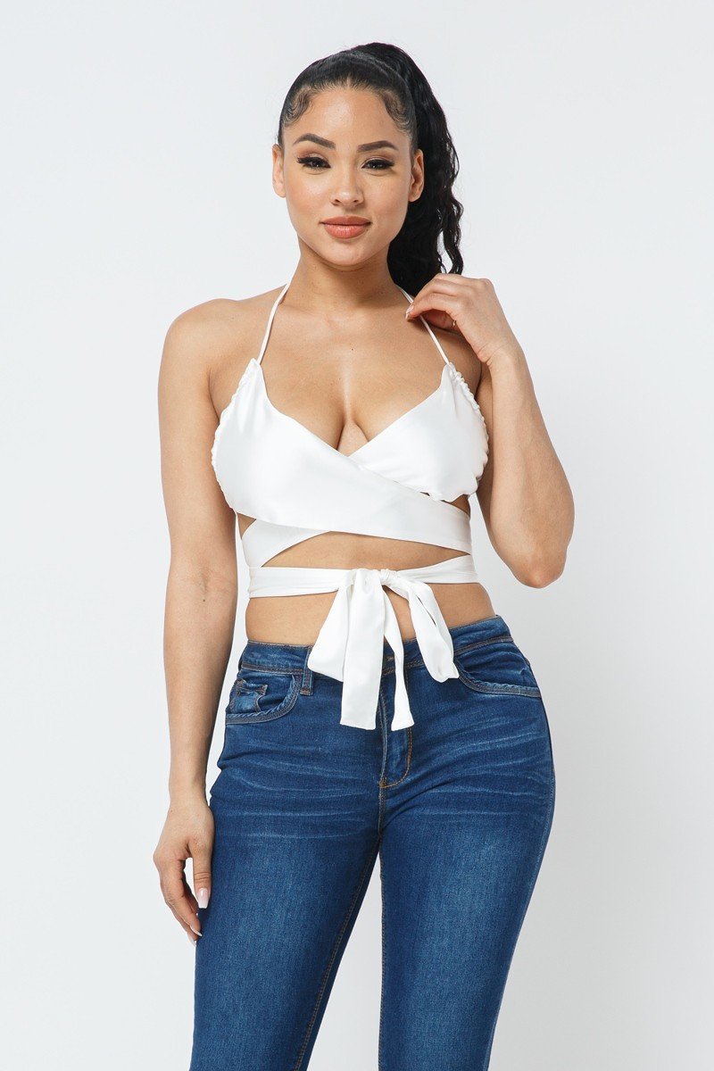 White Wrap Around Satin Top - Jus Fancee Boutique