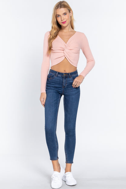 V-neck Front Twist Knotted Crop Sweater