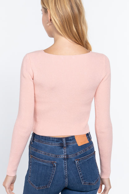 V-neck Front Twist Knotted Crop Sweater