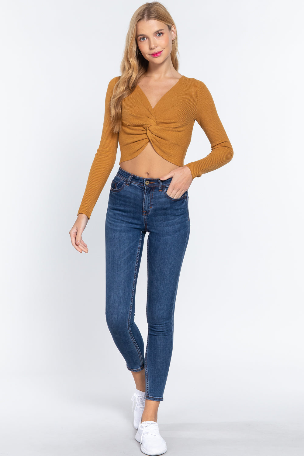 V-neck FrontTwist Knotted Crop Sweater