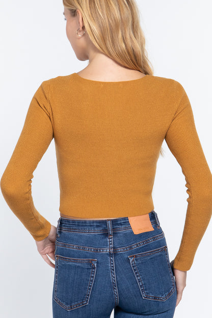 V-neck FrontTwist Knotted Crop Sweater