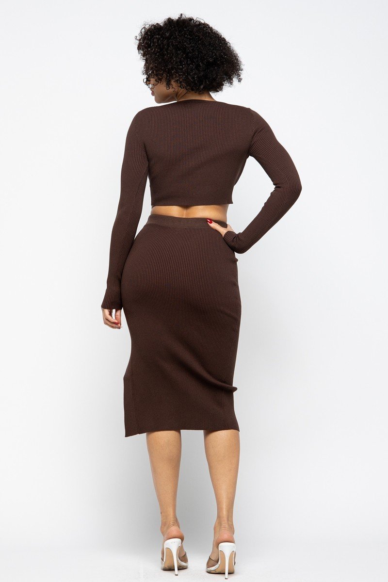 Long Sleeve Top and High Slit Skirt Set