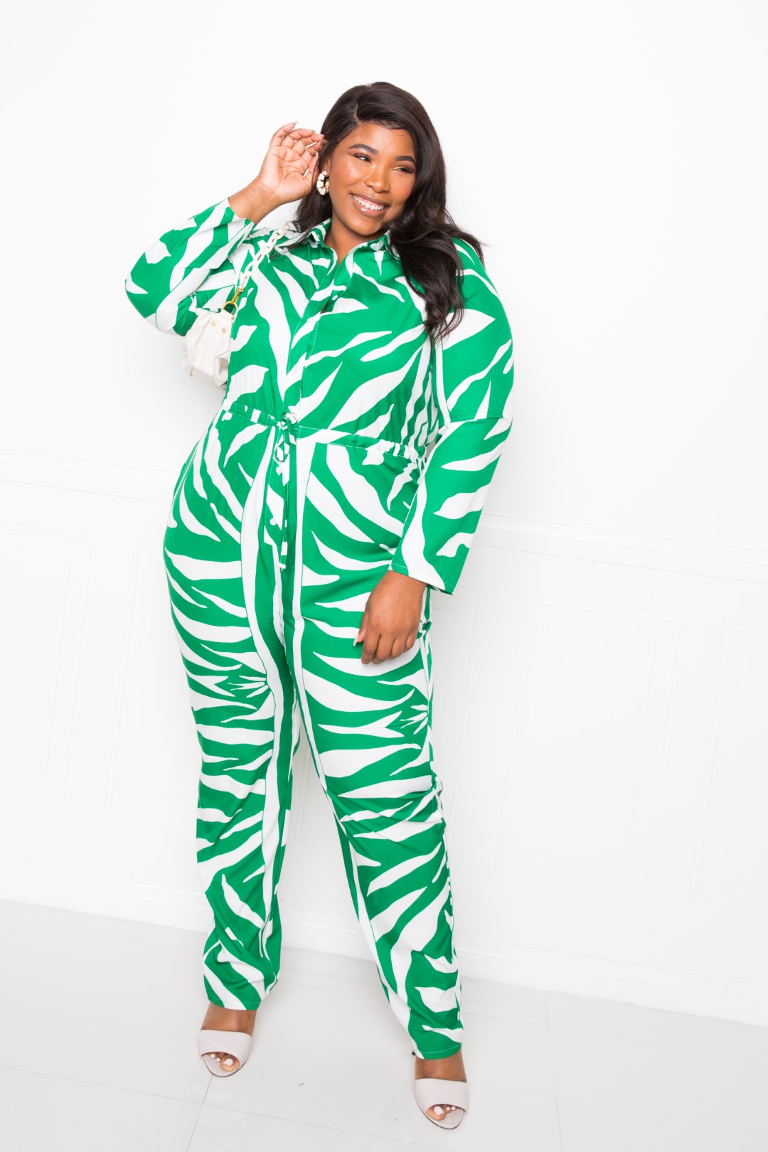 Plus Striped Long Sleeve Green/White Jumpsuit
