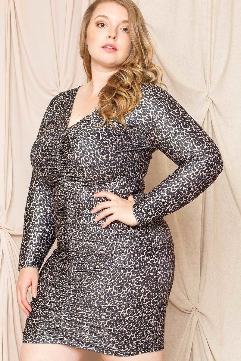 Shirring Leopard Print Plus Size Mini Dress