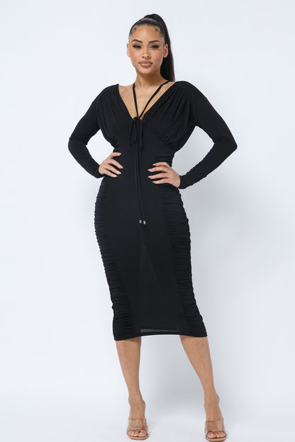 Long Sleeve Ruching On Sides & Chest Mid Dress